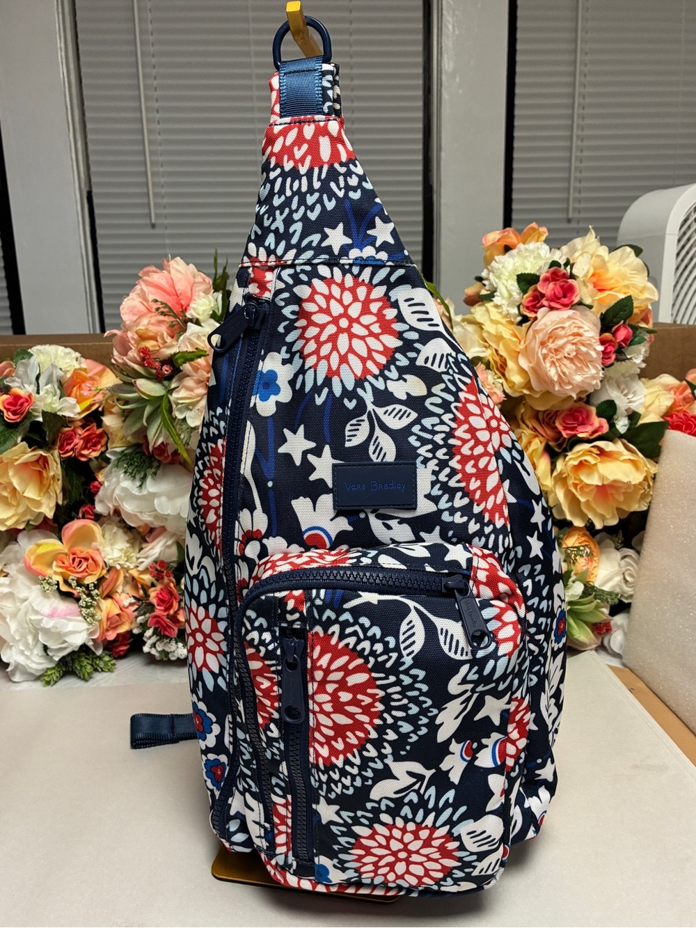 Vera Bradley ReActive Sling Backpack Red White & Blossoms Patriotic Floral Bag